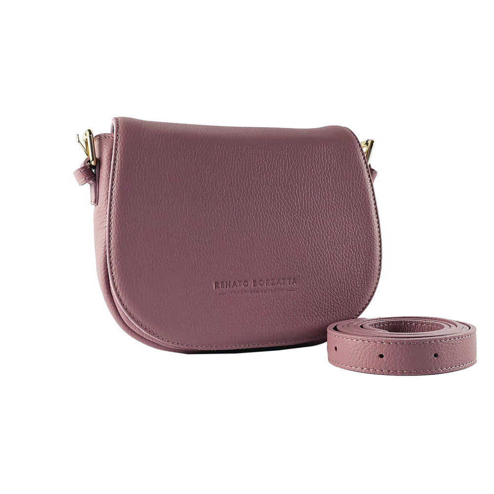 RB1002AZ | Borsa a Tracolla in Vera Pelle Made in Italy con Tracolla removibile in pelle e attacchi con fibbie in metallo Oro Lucido - Colore Rosa Antico - Dimensioni: cm 26 x 20 x 10-0